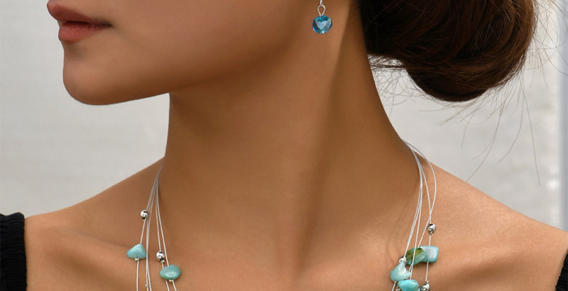 Fashion Blue Alloy Crystal Shell Beaded Multilayer Necklace Earrings Set,Jewelry Sets