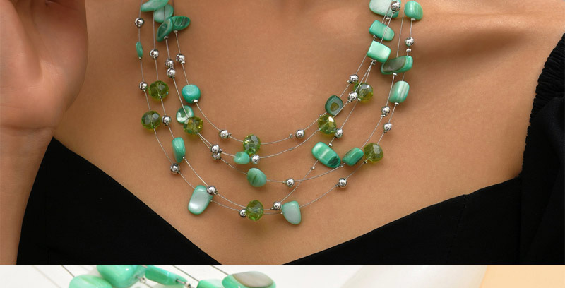 Fashion Green Alloy Crystal Shell Beaded Multilayer Necklace Earrings Set,Jewelry Sets