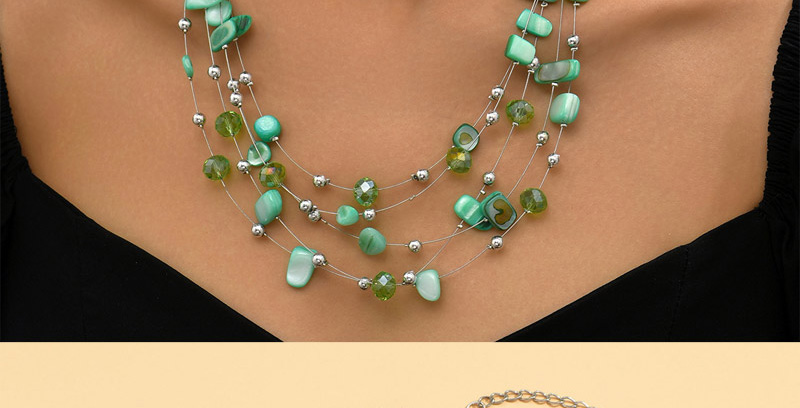 Fashion Green Alloy Crystal Shell Beaded Multilayer Necklace Earrings Set,Jewelry Sets