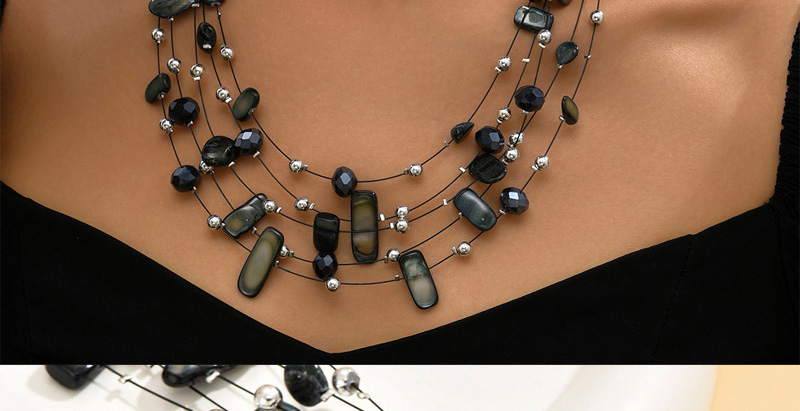 Fashion Black Alloy Crystal Shell Beaded Multilayer Necklace Earrings Set,Jewelry Sets