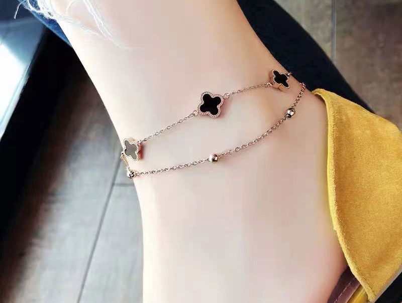 Fashion Gold Titanium Steel Geometric Four -leaf Grass Double -layer Foot Chain,Fashion Anklets