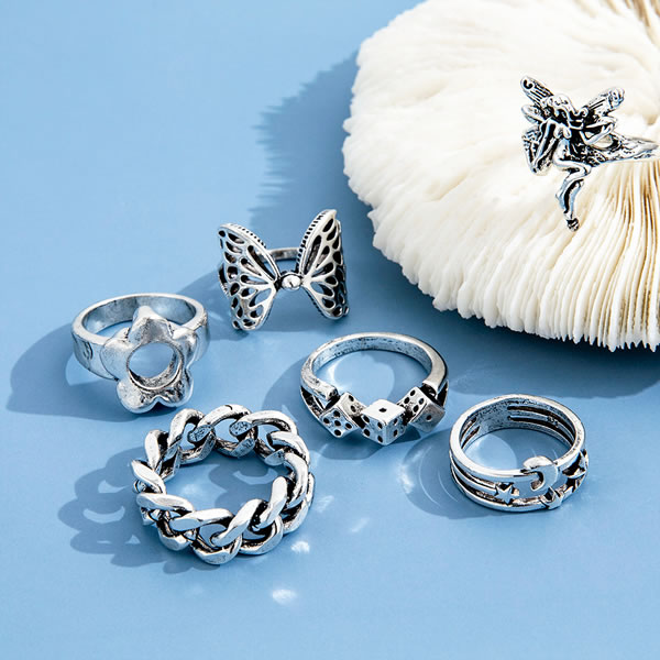 Fashion Silver Alloy Chain Dice Butterfly Flower Angel Ring Set,Jewelry Sets
