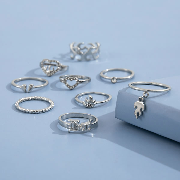 Fashion Silver Alloy Diamond Heart Letter Flame Ring Set,Jewelry Sets