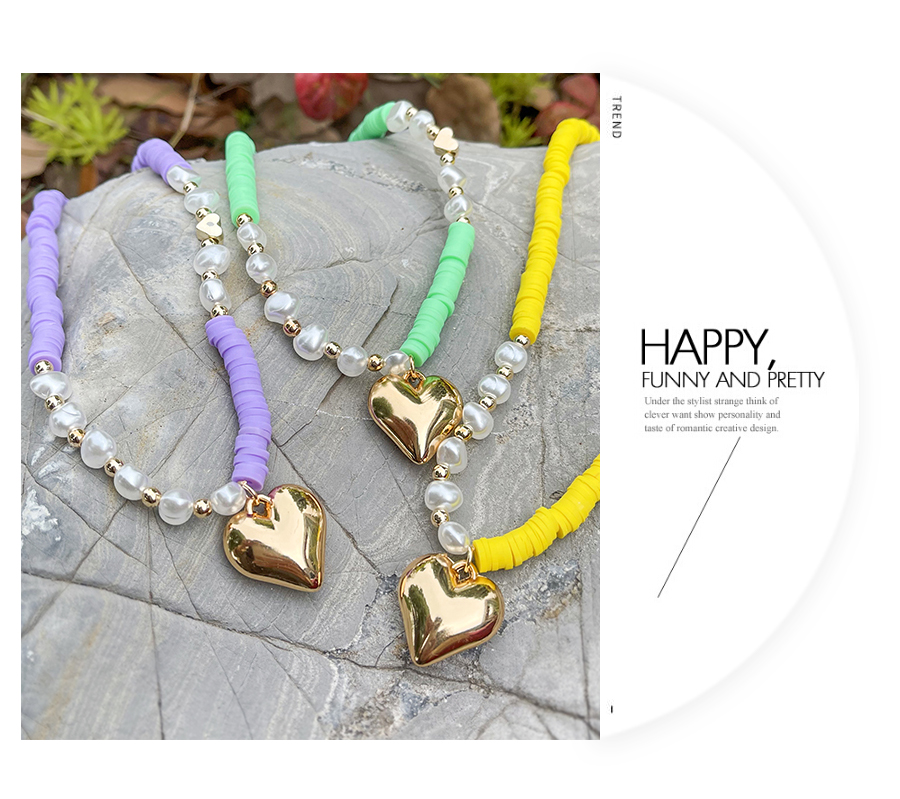 Fashion Yellow Clay Shard Pearl Heart Pendant Necklace,Pendants