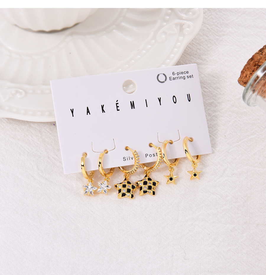 Fashion Gold 6-piece Set Of Copper Inlaid Zircon Drip Oil Pentagram Earrings,Earring Set