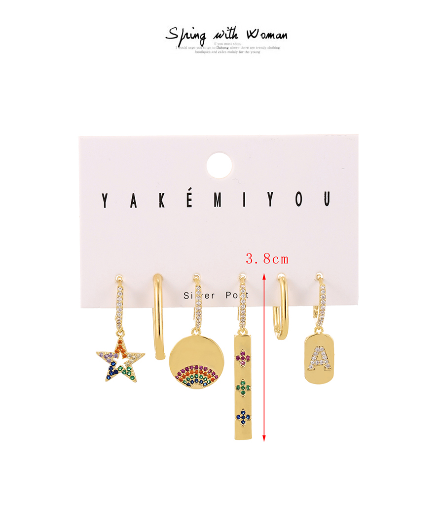Fashion Gold 6-piece Set Of Copper Inlaid Zircon Pentagram Letter Earrings,Earring Set