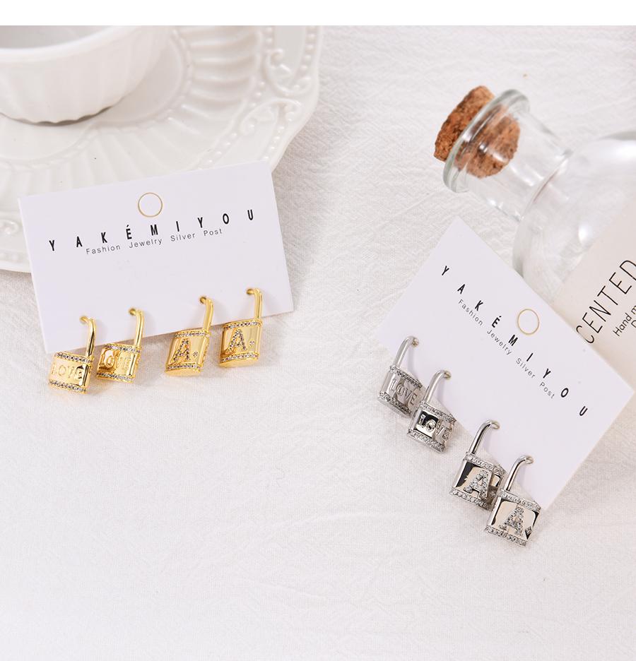 Fashion Silver Set Of 4 Brass-inlaid Zircon Alphabet Lock Earrings,Earring Set