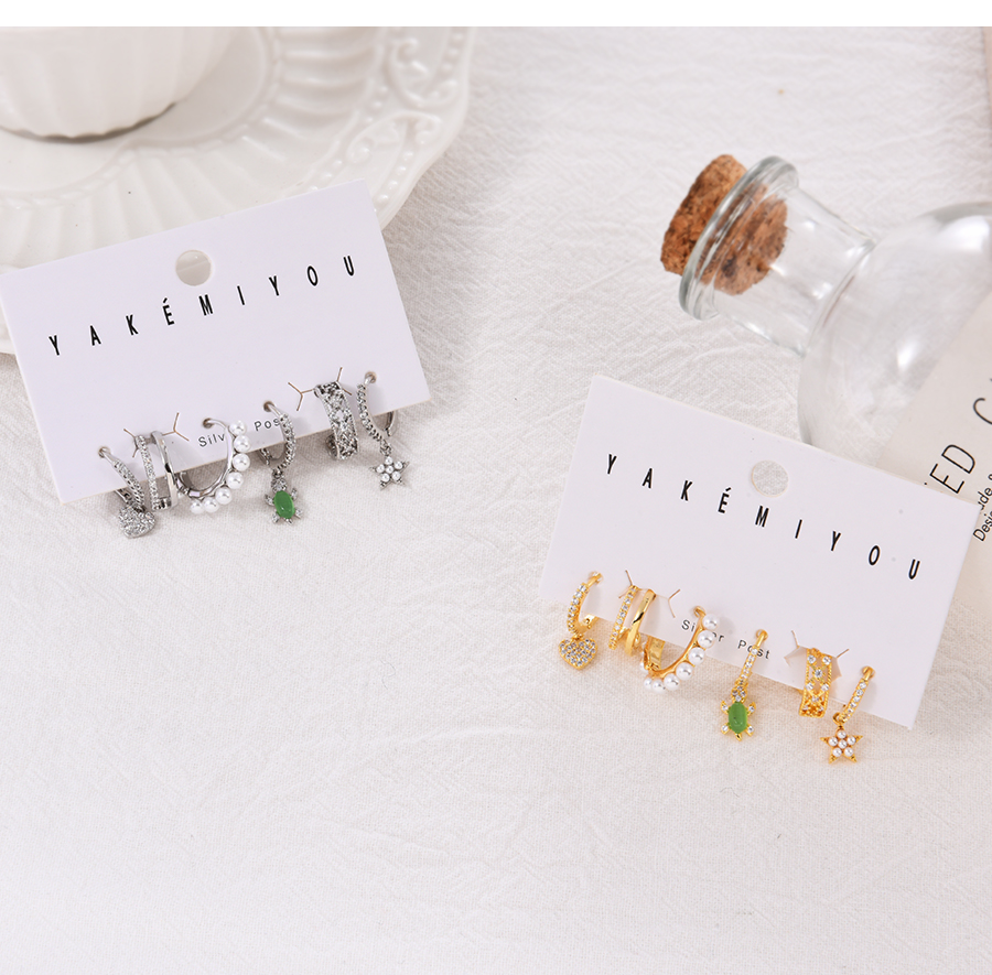 Fashion Silver 6-piece Set Of Copper Inlaid Zircon Love Turtle Pearl Earrings,Earring Set