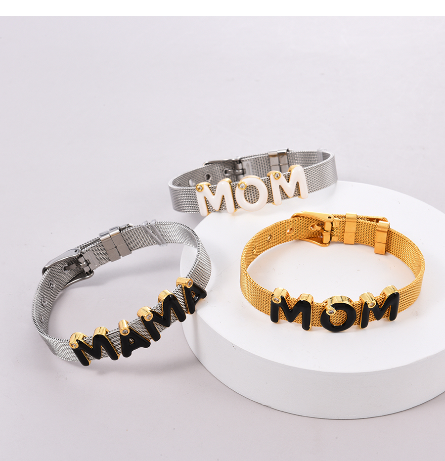 Fashion Silver + Black Brass-inlaid Zircon Oil Dropped Letters Mama Titanium Steel Bracelet,Bracelets