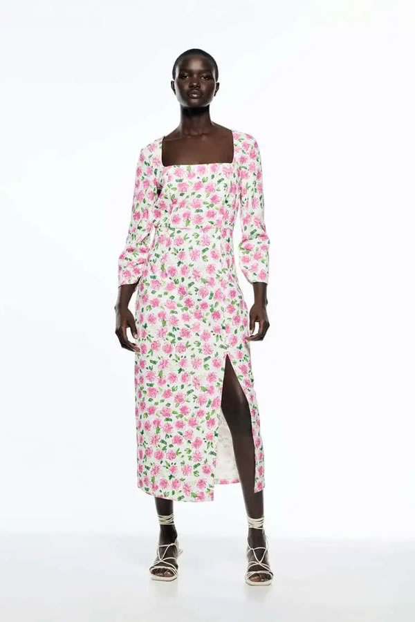 Fashion Suit Printed Square Neck Slit Dress,Long Dress