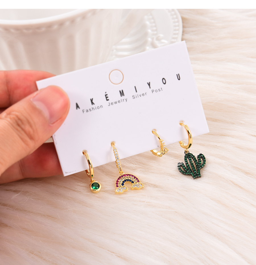 Fashion Gold Set Of 4 Brass Set Of Zircon Rainbow Cactus Earrings,Jewelry Set