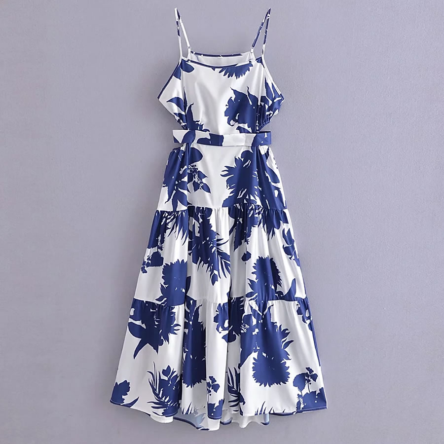 Fashion Blue Woven Print Slip Dress,Long Dress