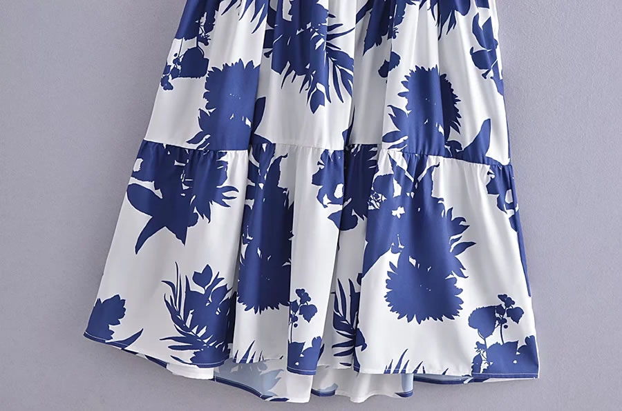 Fashion Blue Woven Print Slip Dress,Long Dress
