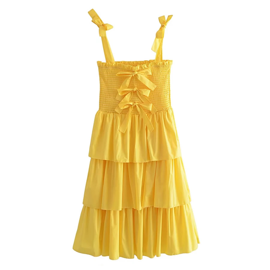 Fashion Yellow Solid Color Layered Sling Dress,Long Dress