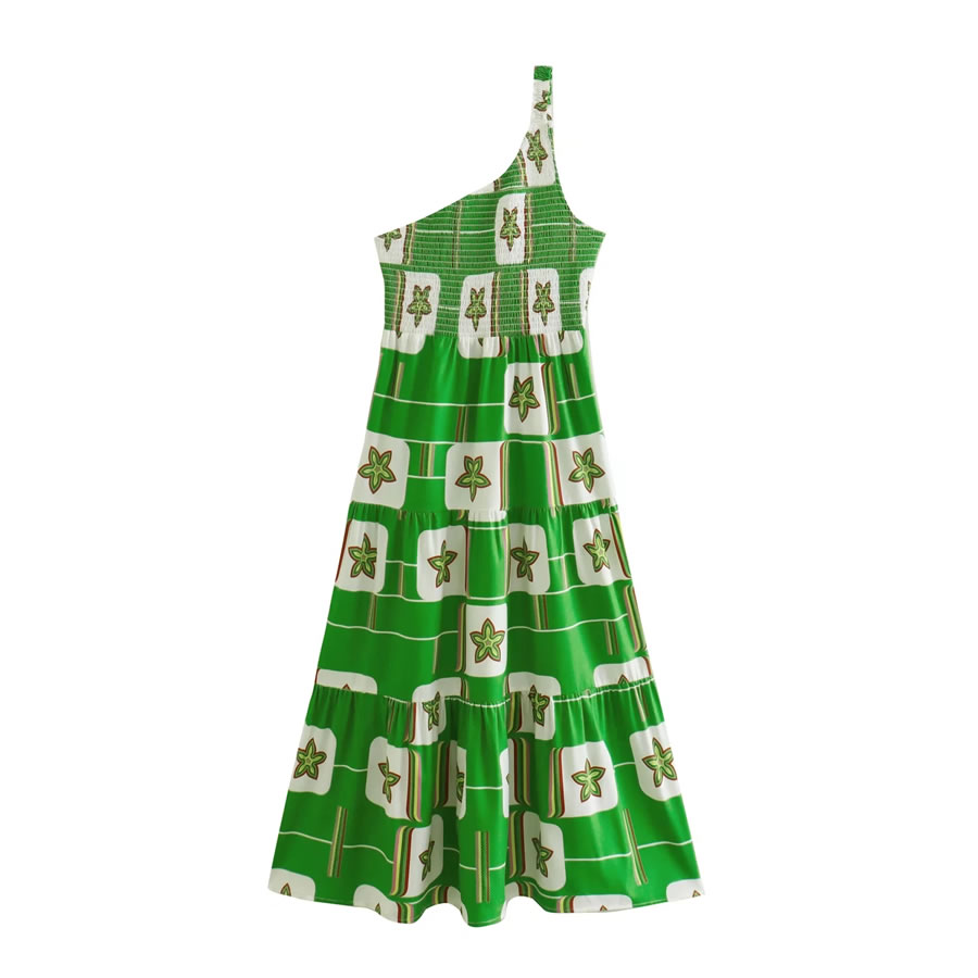 Fashion Green Sloping Shoulder Swept Print Maxi Dress,Long Dress