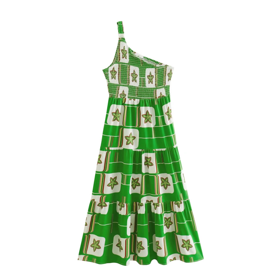 Fashion Green Sloping Shoulder Swept Print Maxi Dress,Long Dress