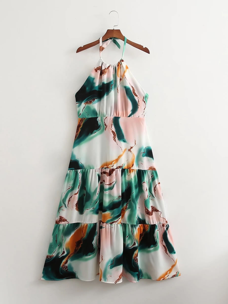 Fashion Color Tie-dye Halterneck Swing Dress,Long Dress