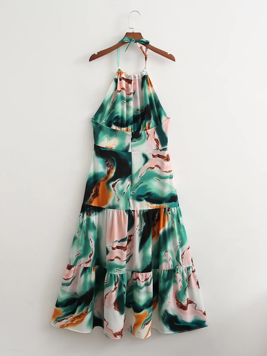Fashion Color Tie-dye Halterneck Swing Dress,Long Dress
