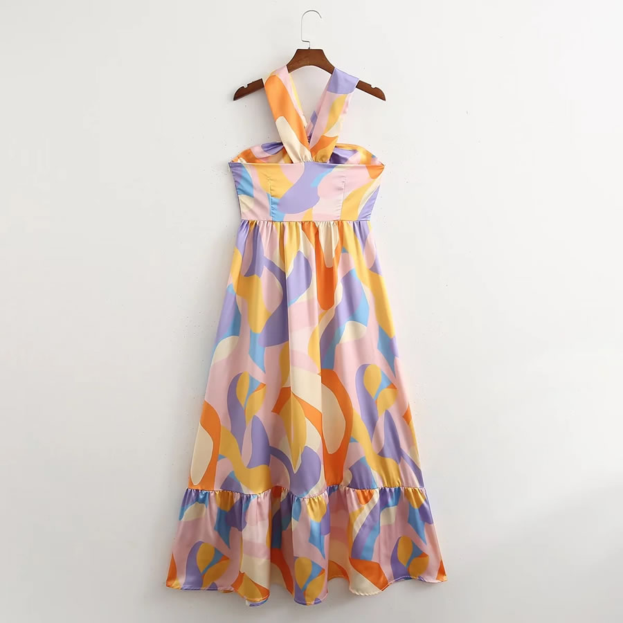 Fashion Color Satin Print Swing Dress,Long Dress