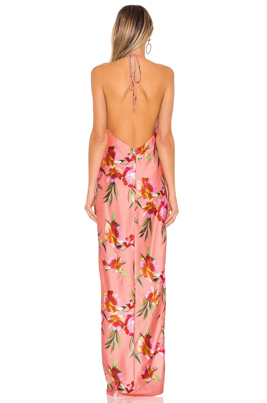 Fashion Pink Drop Neck Print Halter Slit Dress,Long Dress