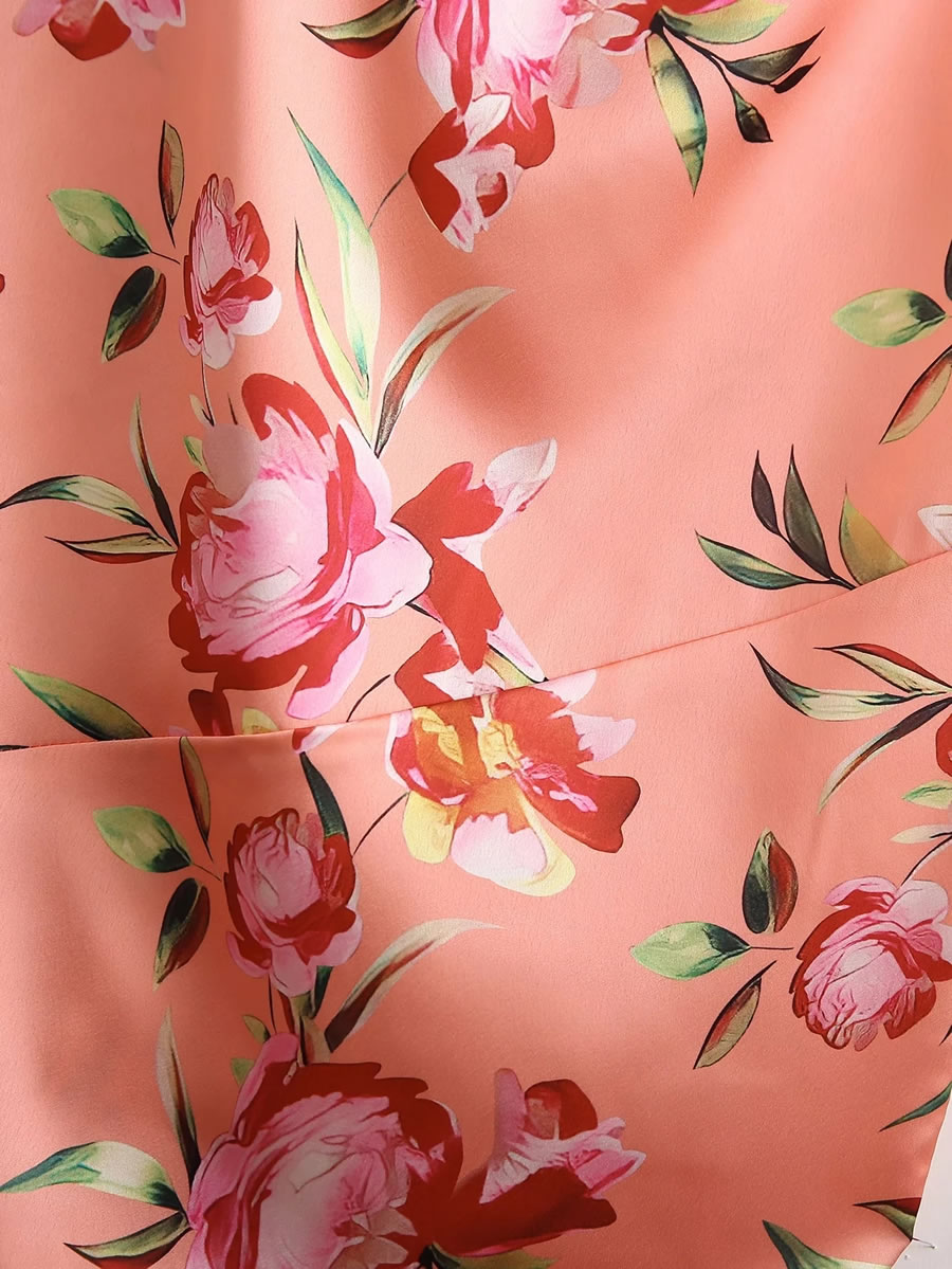 Fashion Pink Drop Neck Print Halter Slit Dress,Long Dress