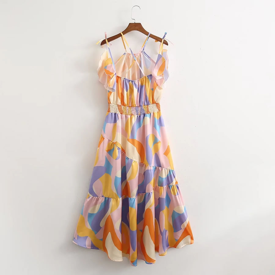 Fashion Color Satin Print Swing Dress,Long Dress