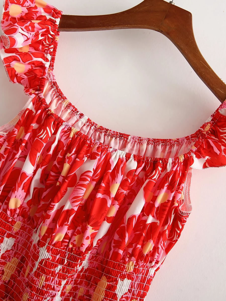 Fashion Red Satin-print Slouchy Slip Dress,Long Dress
