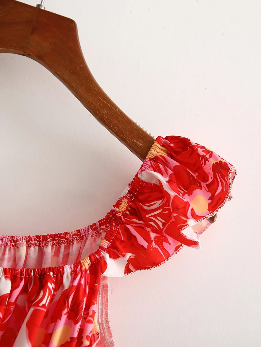 Fashion Red Satin-print Slouchy Slip Dress,Long Dress