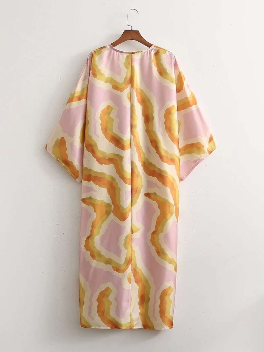 Fashion Color Satin-print V-neck Drawstring Dress,Long Dress