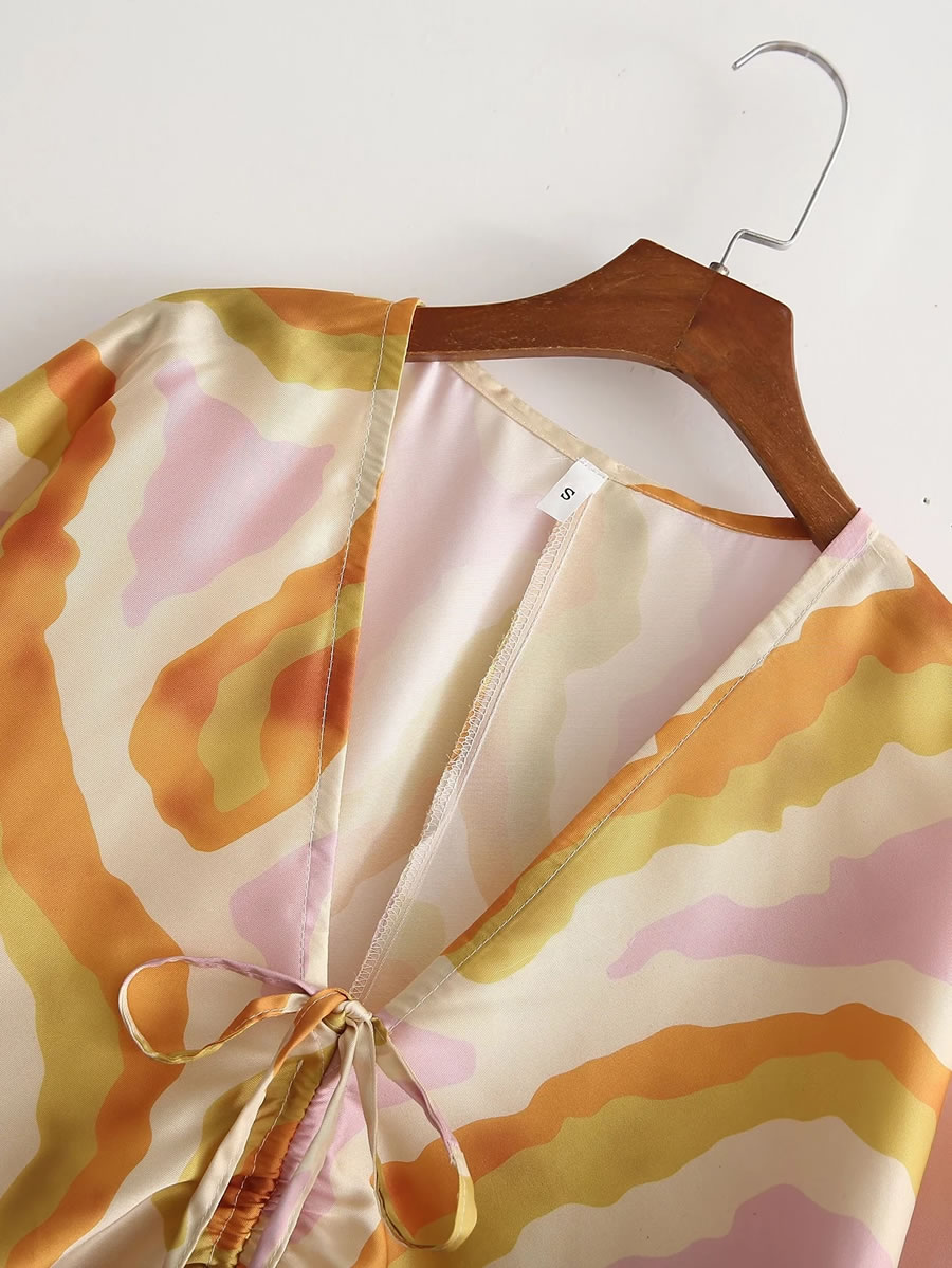 Fashion Color Satin-print V-neck Drawstring Dress,Long Dress