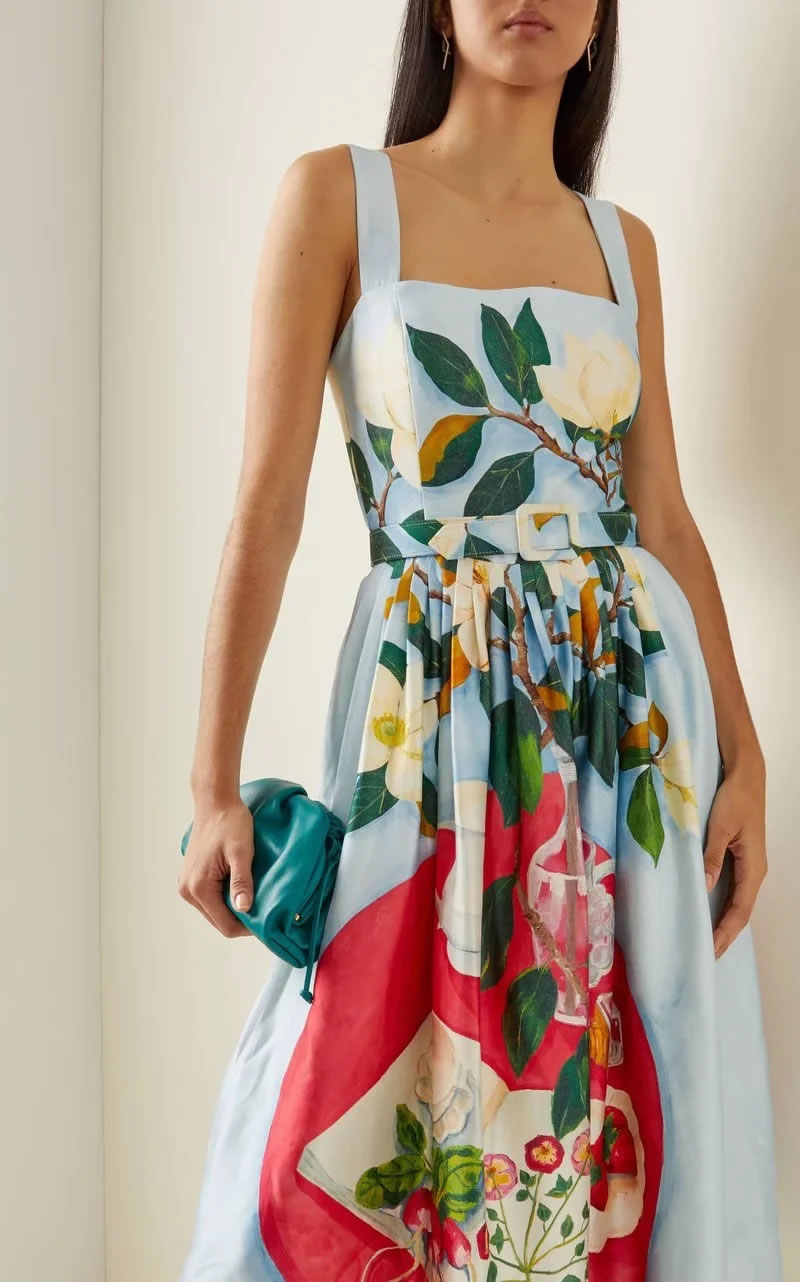 Fashion Printing Satin-print Lace-up Slip Dress,Long Dress
