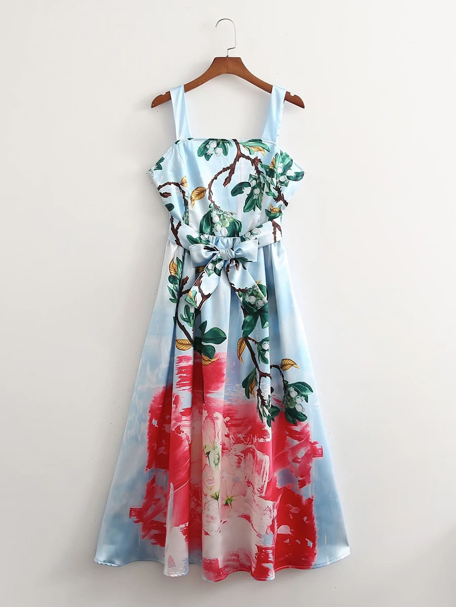 Fashion Printing Satin-print Lace-up Slip Dress,Long Dress