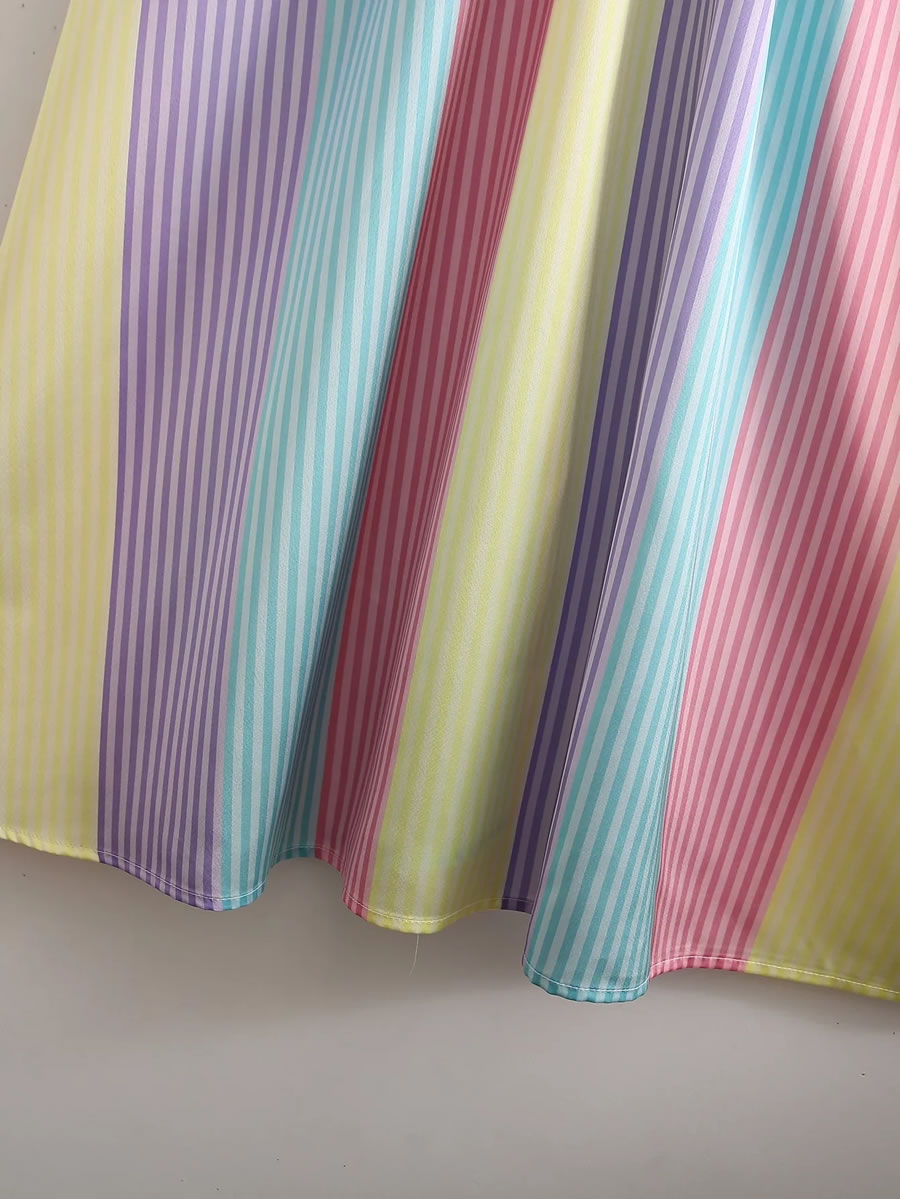 Fashion Colorful Stripes Colorful Striped Cutout Swing Skirt,Long Dress