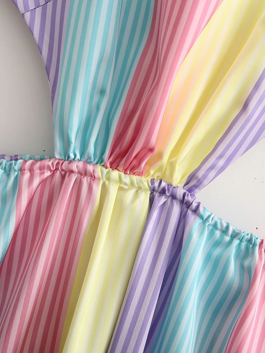 Fashion Colorful Stripes Colorful Striped Cutout Swing Skirt,Long Dress