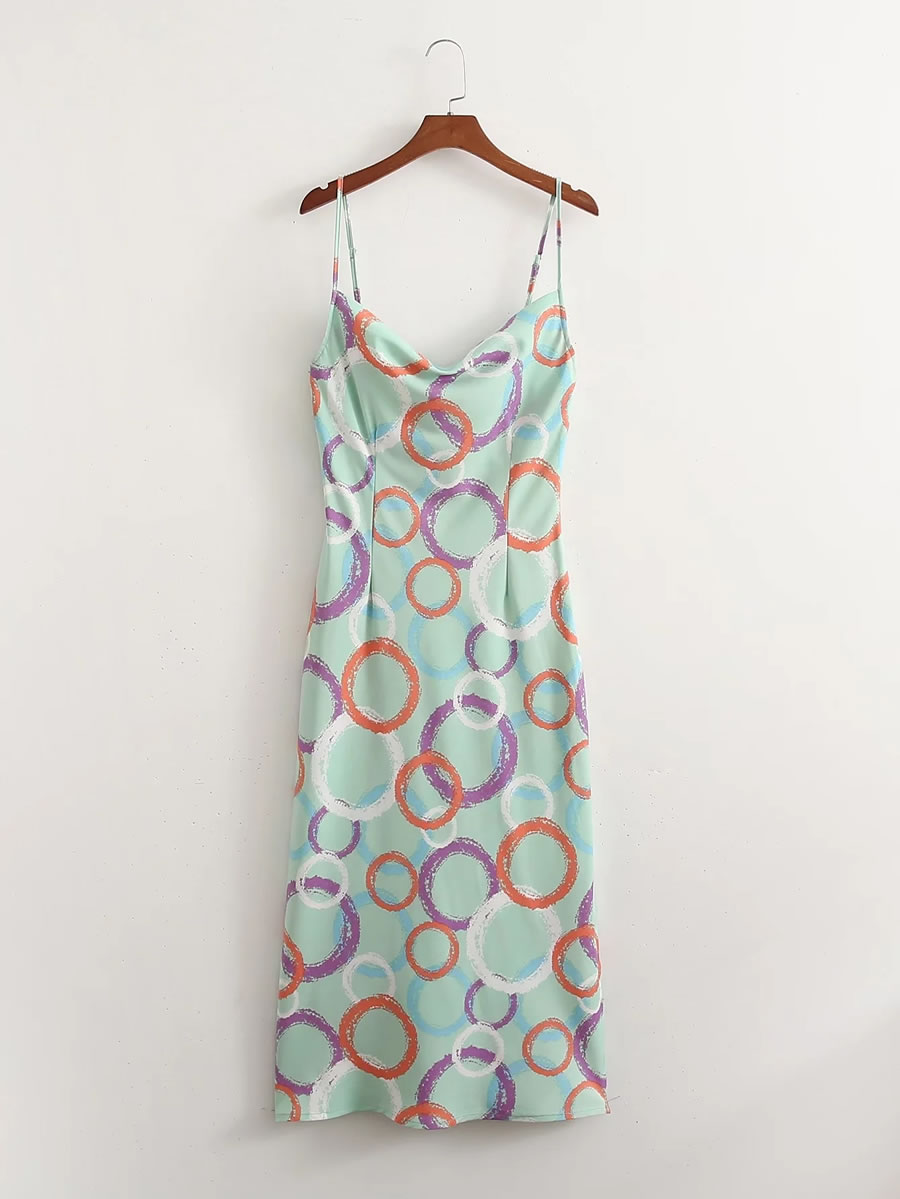 Fashion Printing Satin-print Drop-neck Slip Dress,Long Dress
