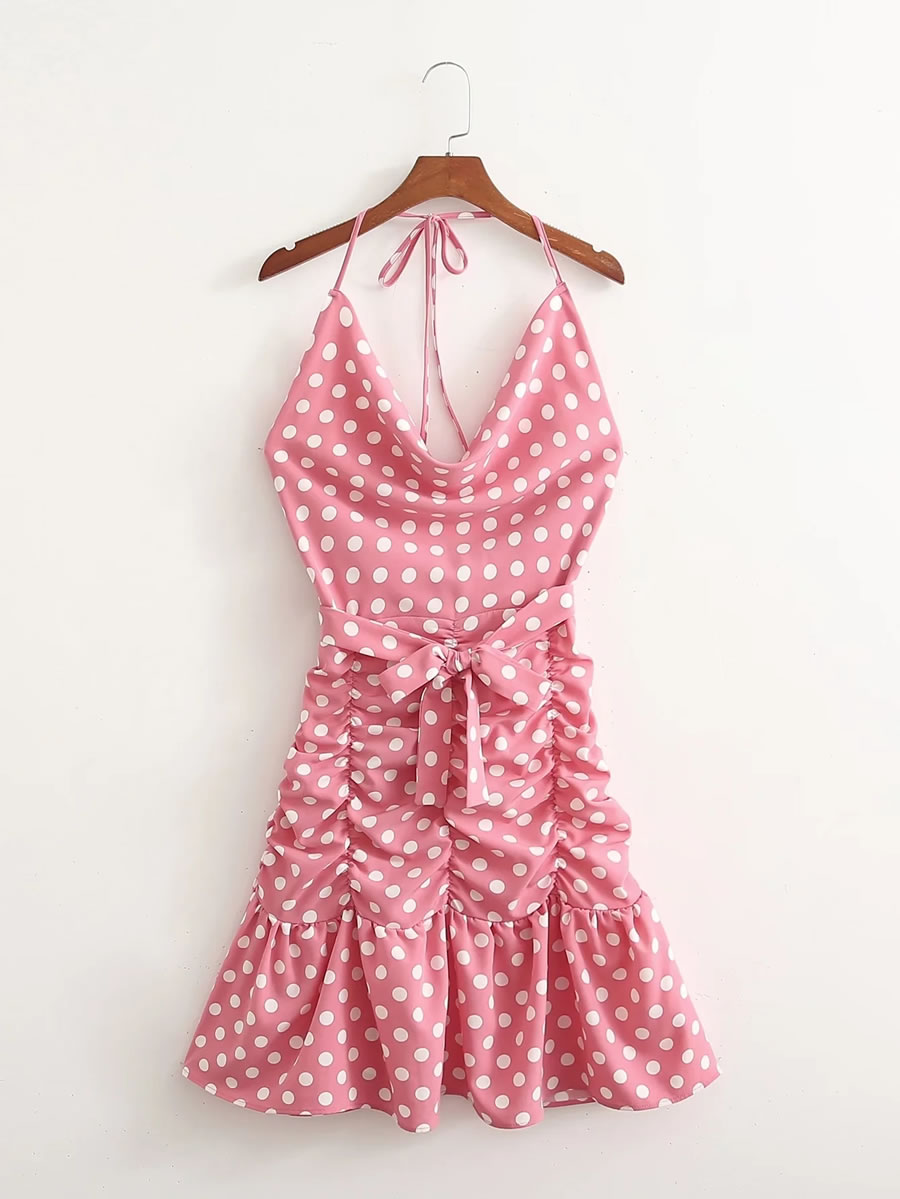 Fashion Polka Dots Geometric Polka Dot Print Drop Neck Tie Mermaid Dress,Mini & Short Dresses