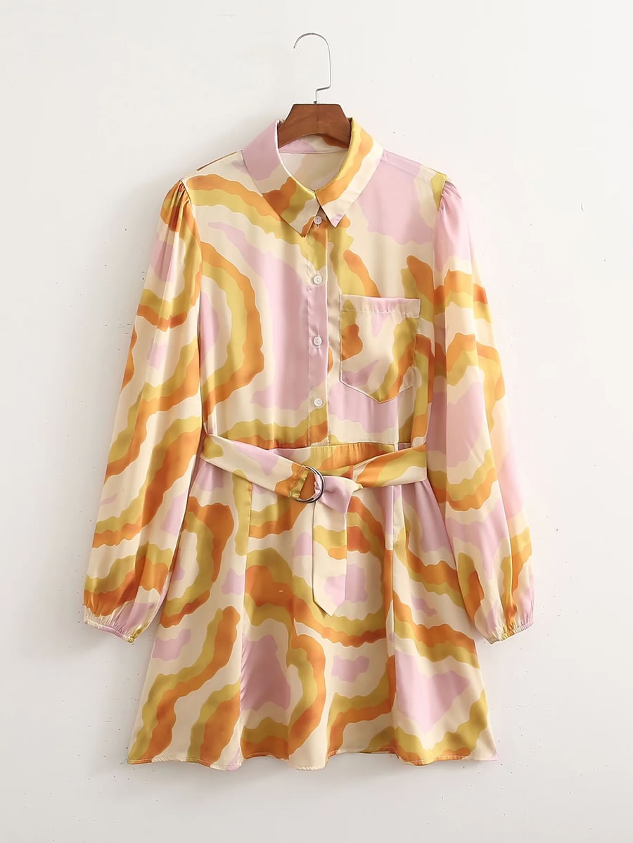 Fashion Yellow Satin Print Shirt Dress,Mini & Short Dresses