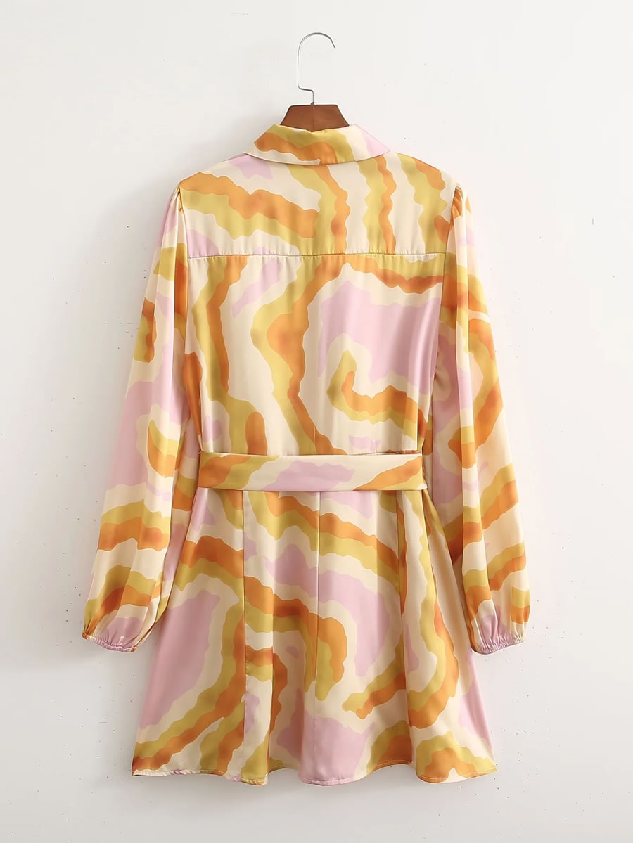 Fashion Yellow Satin Print Shirt Dress,Mini & Short Dresses