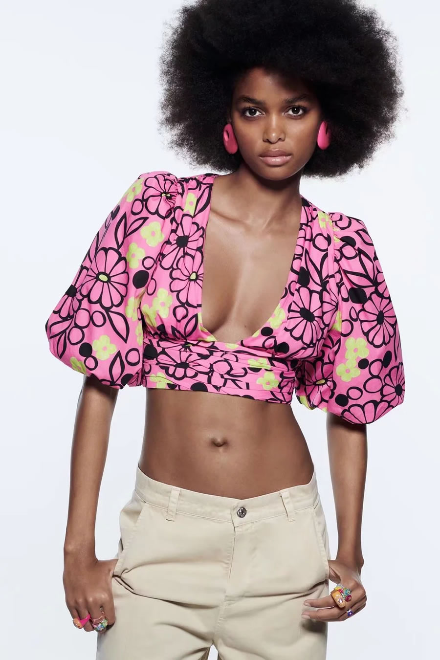 Fashion Printing Knotted V-neck Cropped Top In Faux Cotton Print,Blouses