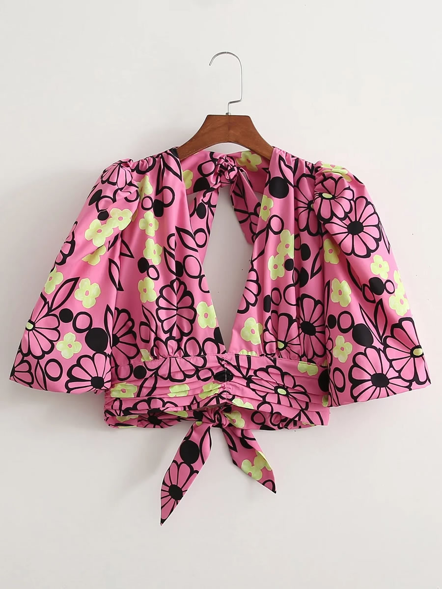 Fashion Printing Knotted V-neck Cropped Top In Faux Cotton Print,Blouses