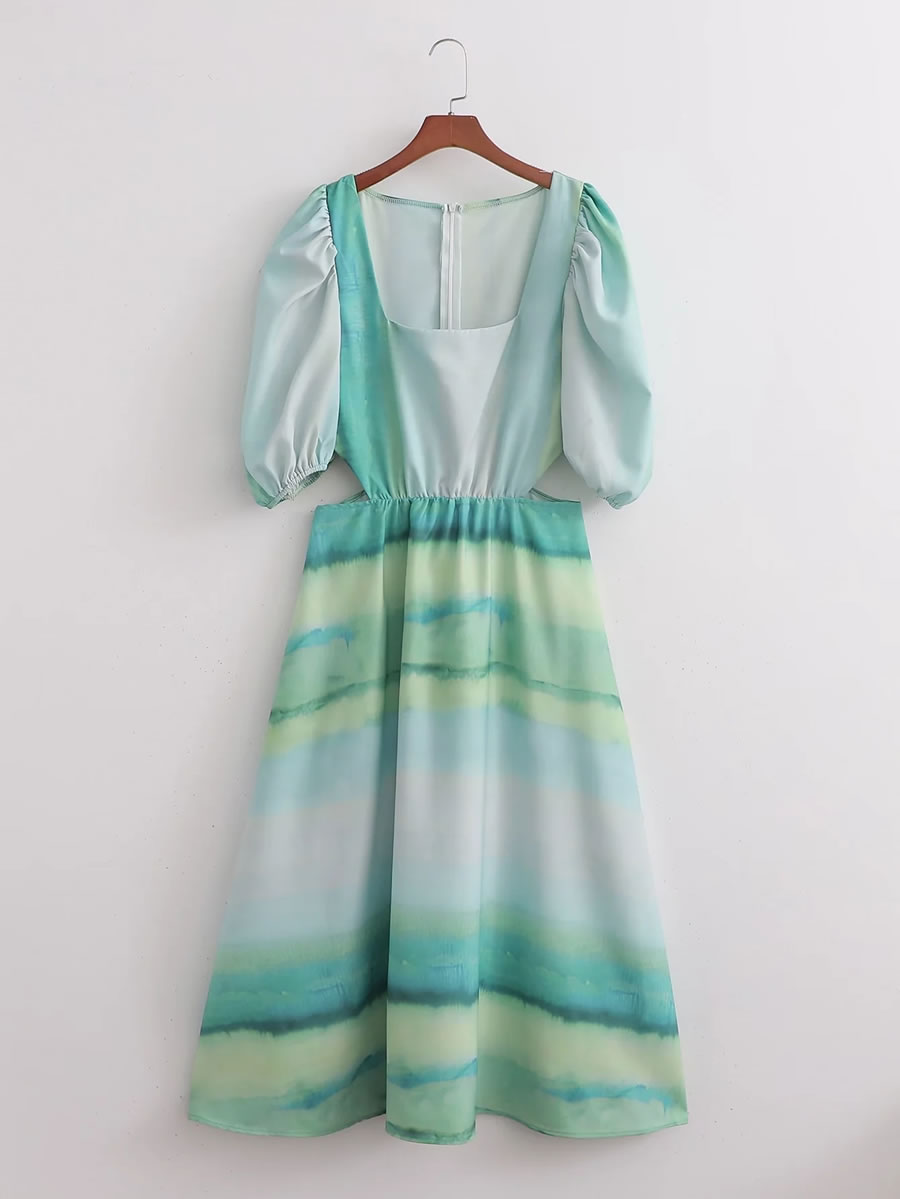 Fashion Green Satin Tie-dye Cutout Dress,Long Dress