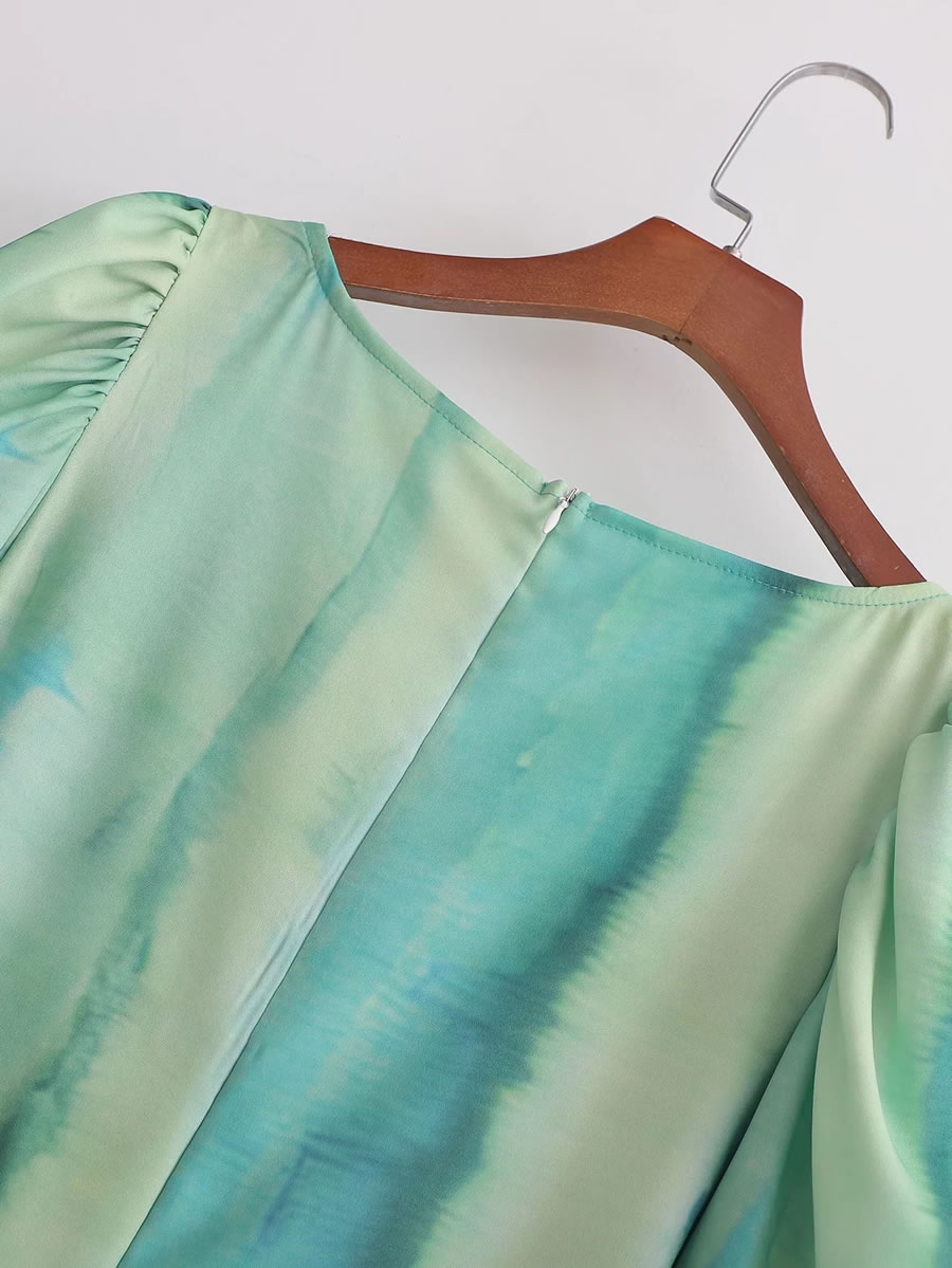 Fashion Green Satin Tie-dye Cutout Dress,Long Dress