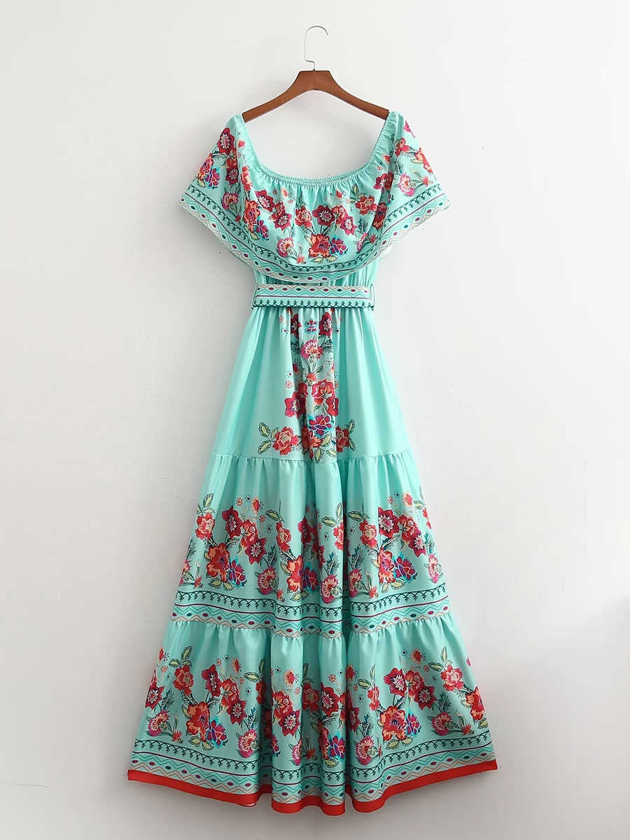 Fashion Blue Cotton And Linen Print Knotted Swing Dress,Long Dress