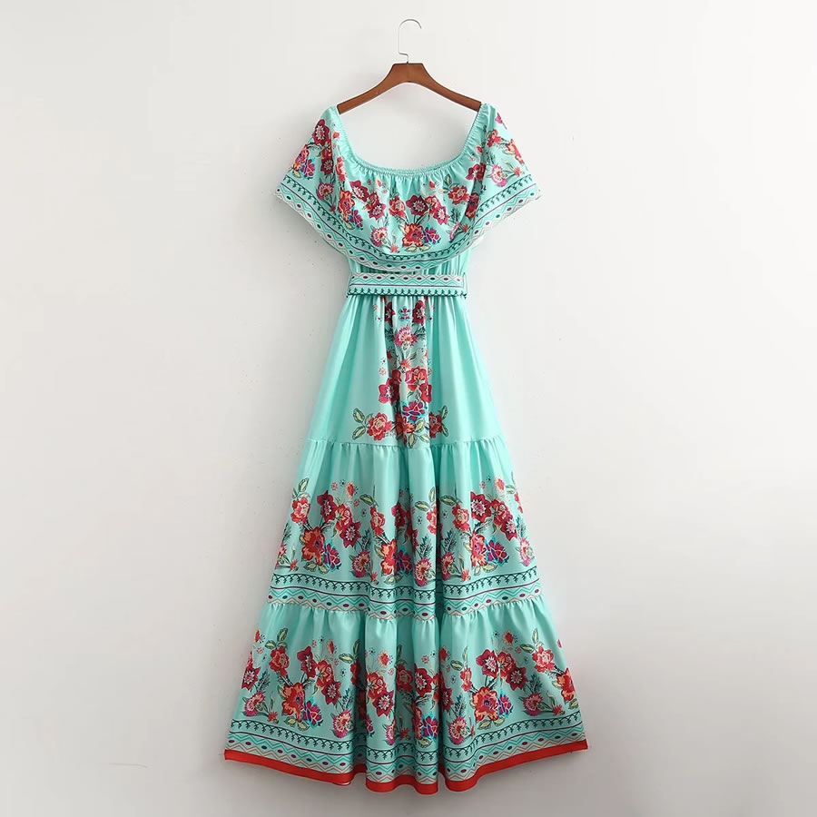Fashion Blue Cotton And Linen Print Knotted Swing Dress,Long Dress