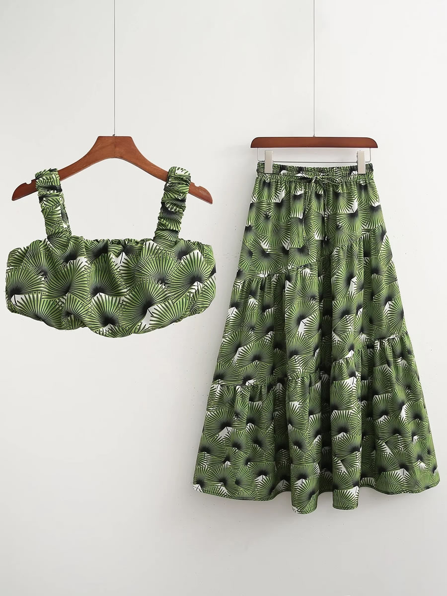 Fashion Green Cotton And Linen Print Short Sling Skirt Set,Suits