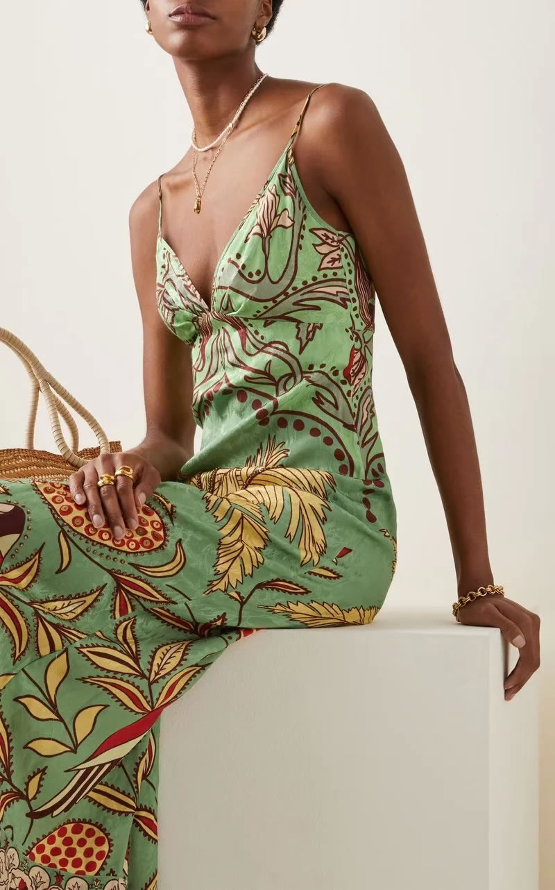 Fashion Green Geometric Print V-neck Slip Dress,Long Dress