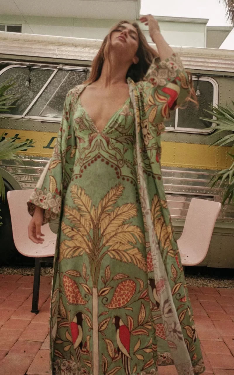 Fashion Green Geometric Print V-neck Slip Dress,Long Dress