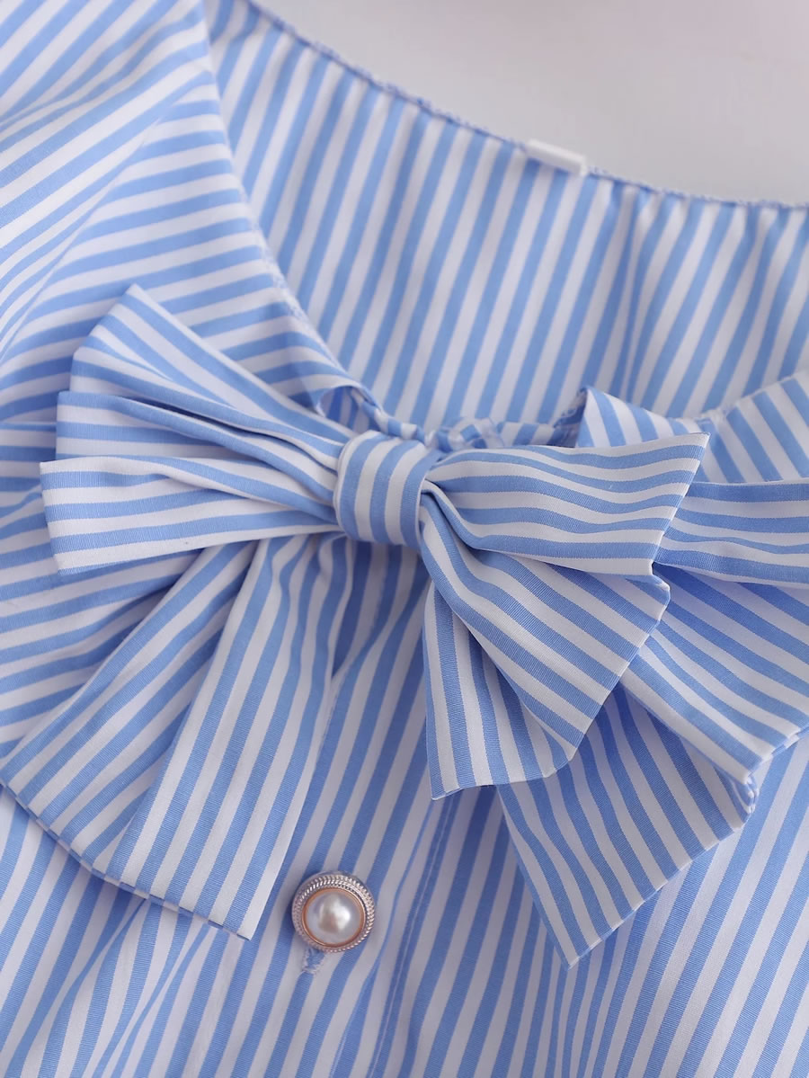 Fashion Blue Stripes Striped Bow Cropped Top,Blouses