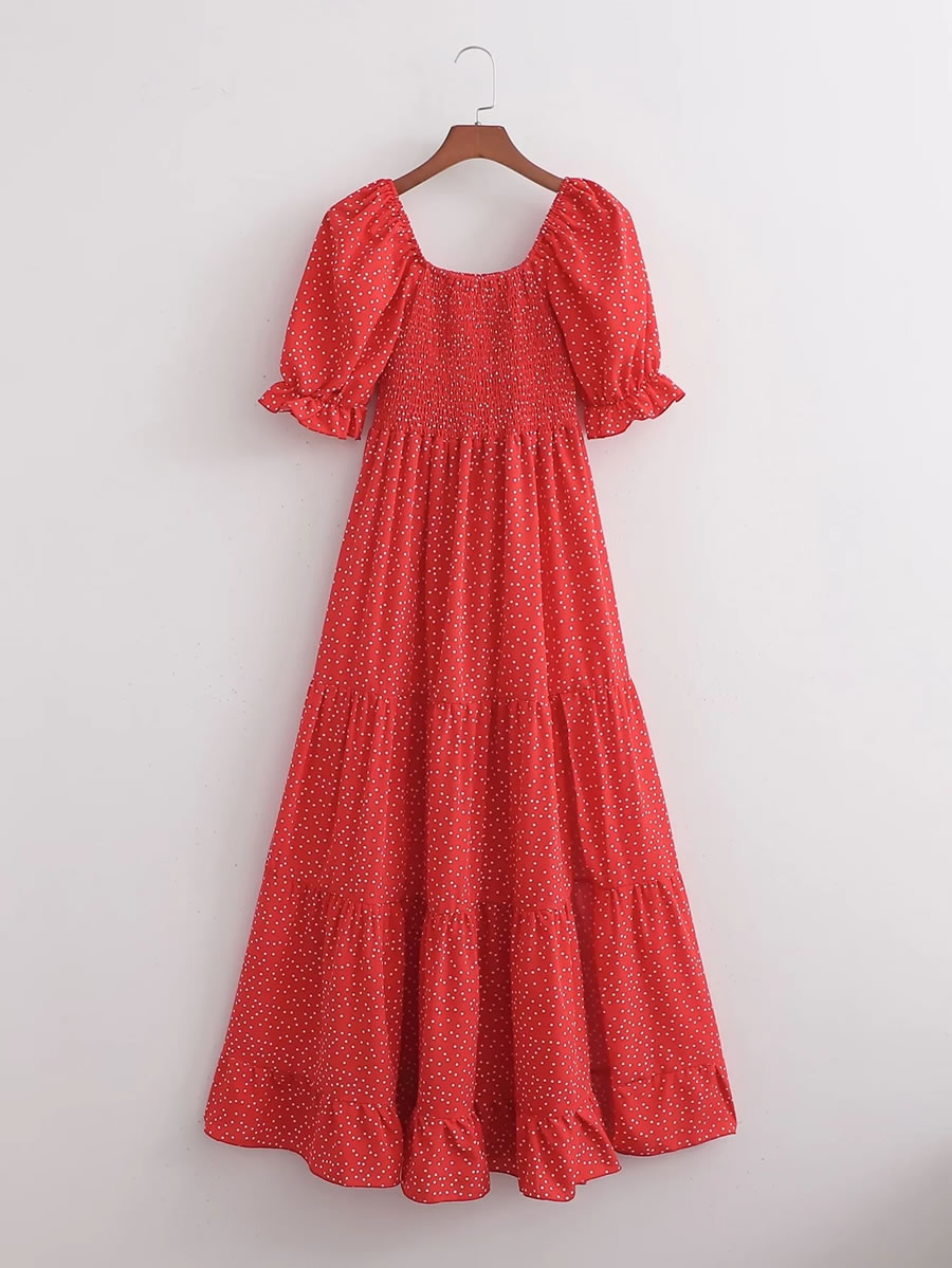 Fashion Red Geometric Print Swing Dress,Long Dress