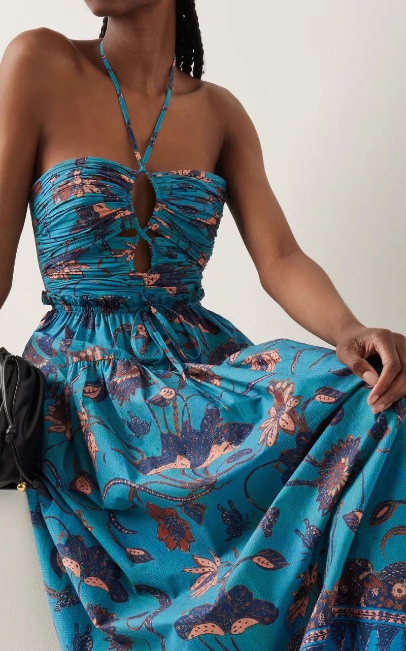 Fashion Blue Satin-print Halterneck Lace-up Dress,Long Dress